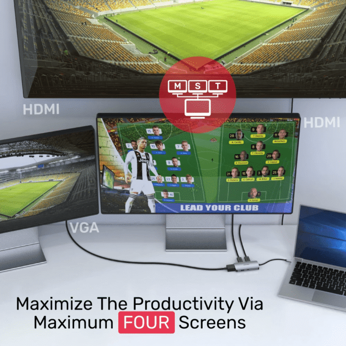 Unitek D1051A 5-in-1 USB3.1 Type-C Hub with MST (USB3.0 + 2*HDMI + VGA + PD 100W) - Image 4