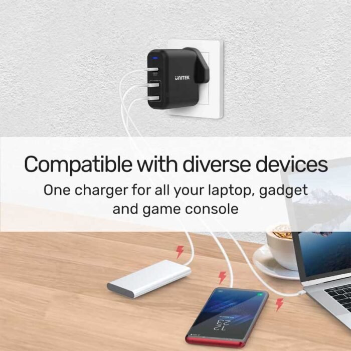 Unitek P1103A 60W USB-C PD QC3 3-Port Wall Charger UK Type - Image 2