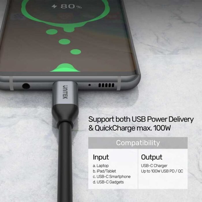 Unitek C14091ABK USB-C 100W PD Fast Charging Cable with 4K@60Hz and 5Gbps 2M - Image 3