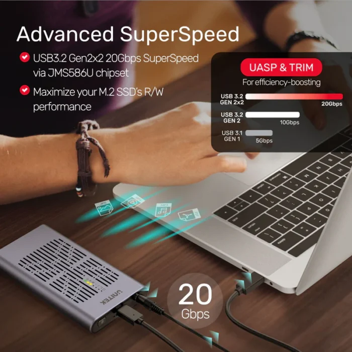Unitek SolidForce USB-C to PCIe/NVMe M.2 SSD 20Gbps Dual Bay Enclosure with Offline Clone - Image 3