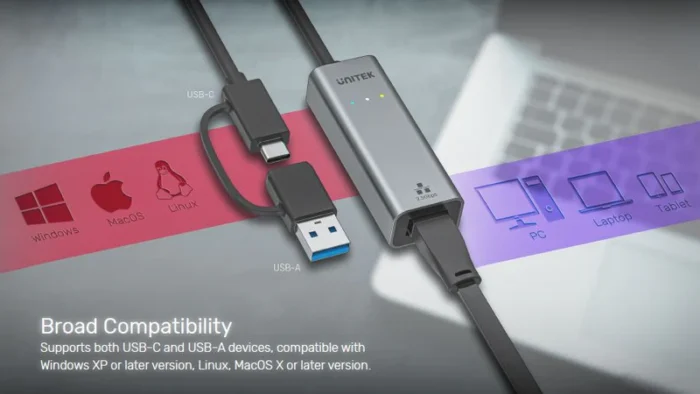 Unitek Hybrid USB-C/ USB-A to 2.5G Gigabit Ethernet Adapter - Image 5