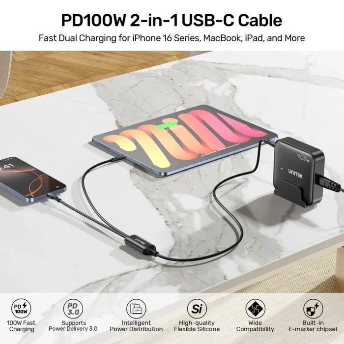 Unitek Type-C to Dual Type-C Charging Cable - 100W Fast Charging - Image 9