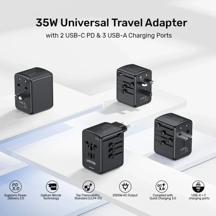 Unitek 35W Universal Travel Adapter with EU/UK/US/AU Plugs, Black - Image 10