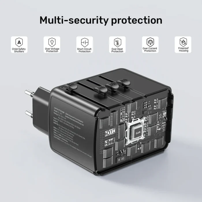 Unitek 35W Universal Travel Adapter with EU/UK/US/AU Plugs, Black - Image 4
