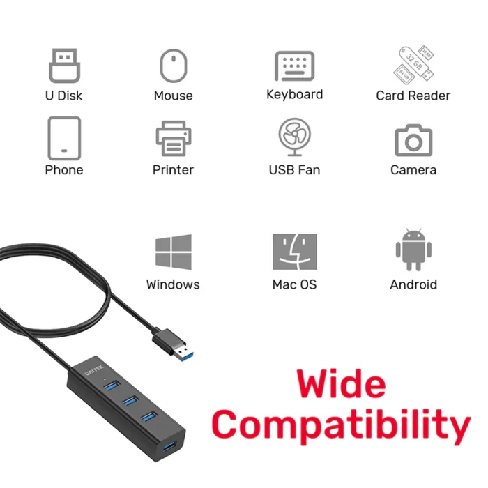 Unitek 4-in-1 USB-A 5Gbps Hub with 1.2m Cable - Image 3