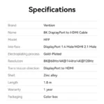 Vention Cotton Braided 8K DisplayPort Male to HDMI Male Cable 1.8M Black - Image 8