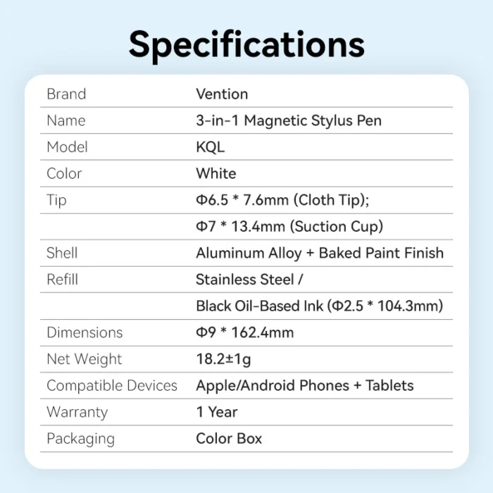 Vention 3-in-1 Magnetic Stylus Pen White Aluminum Alloy Type - Image 9