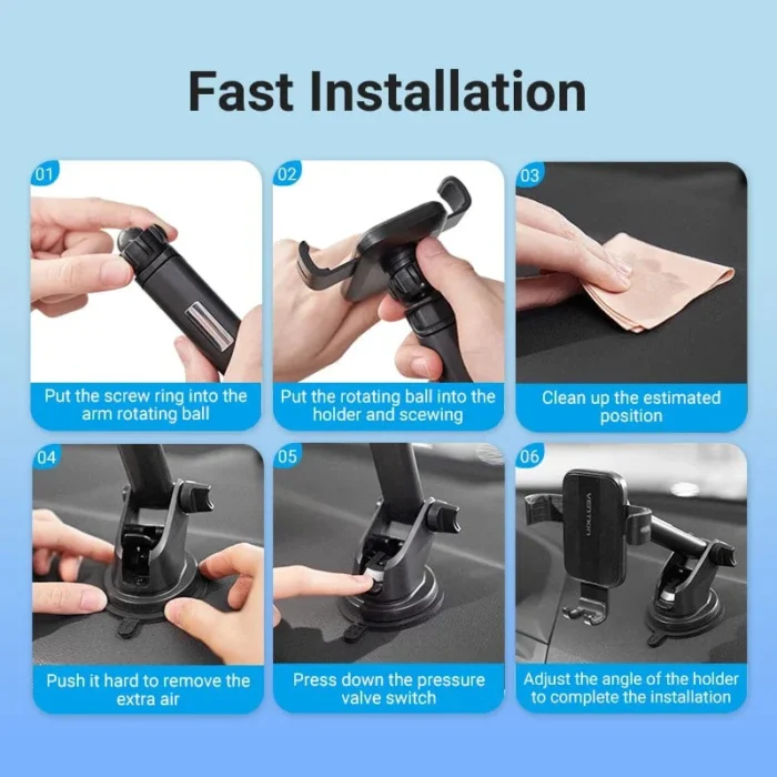 Vention Auto-Clamping Car Phone Mount With Suction Cup Black Square Type - Image 4