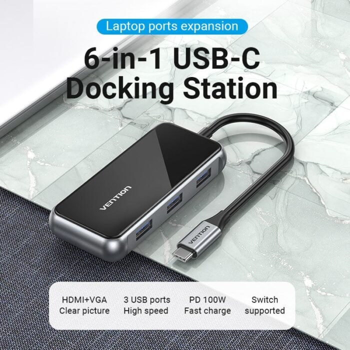 Vention USB-C to HDMI / VGA/ USB 3.0x3/PD Docking Station 0.15M Gray Mirrored Surface - Image 4
