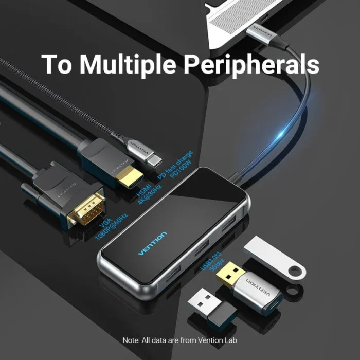 Vention USB-C to HDMI / VGA/ USB 3.0x3/PD Docking Station 0.15M Gray Mirrored Surface - Image 5